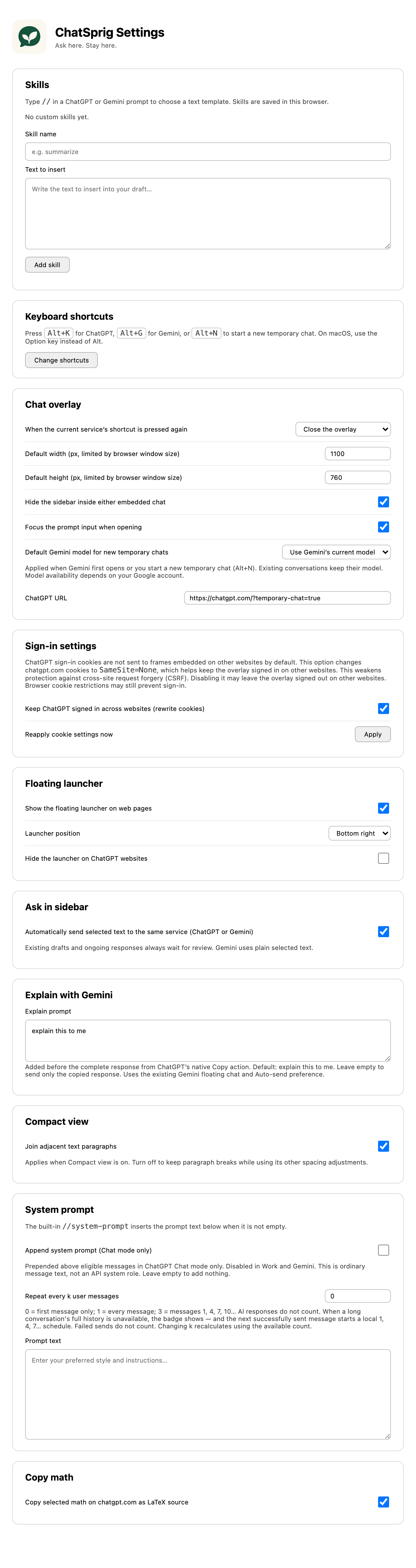 The real ChatSprig settings page
